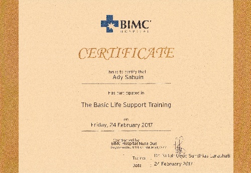 Certificate of the basic life support training for Ady