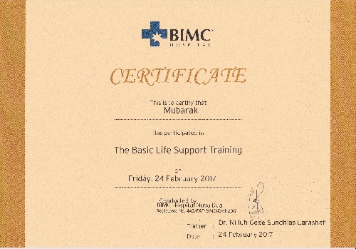Certificate of the basic life support training for Mubarak