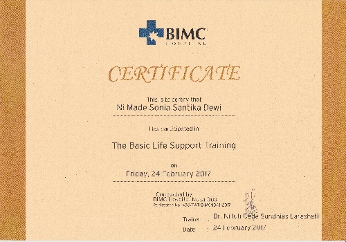 Certificate of the basic life support training for Sonia