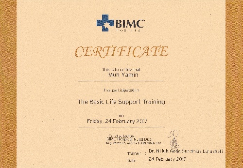 Certificate of the basic life support training for Yamin